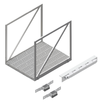 4x4 modular gangway with integrated decking panels and two side rail frames, shown alongside a separate 4-foot abutment hinge component and gangway rollers.