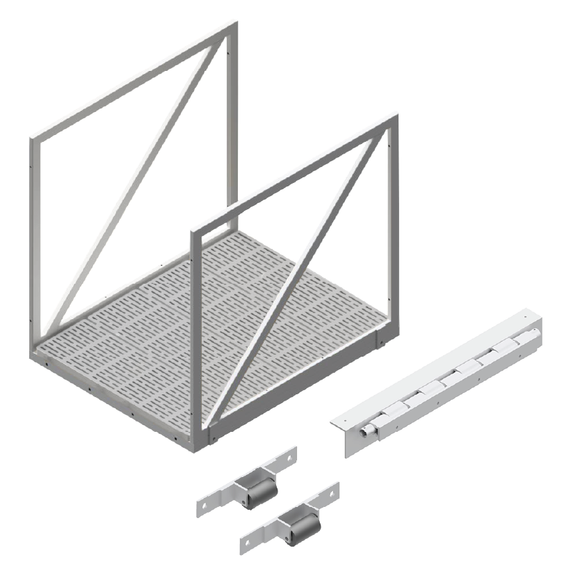4x4 modular gangway with integrated decking panels and two side rail frames, shown alongside a separate 4-foot abutment hinge component and gangway rollers.